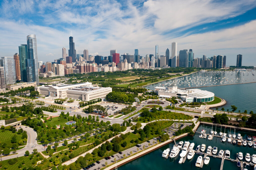 Aerial view of Chicago skyline and the museum campus.